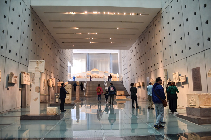 The expansive ground floor Gallery of the Slopes of the Acropolis inside the Acropolis Museum in Athens